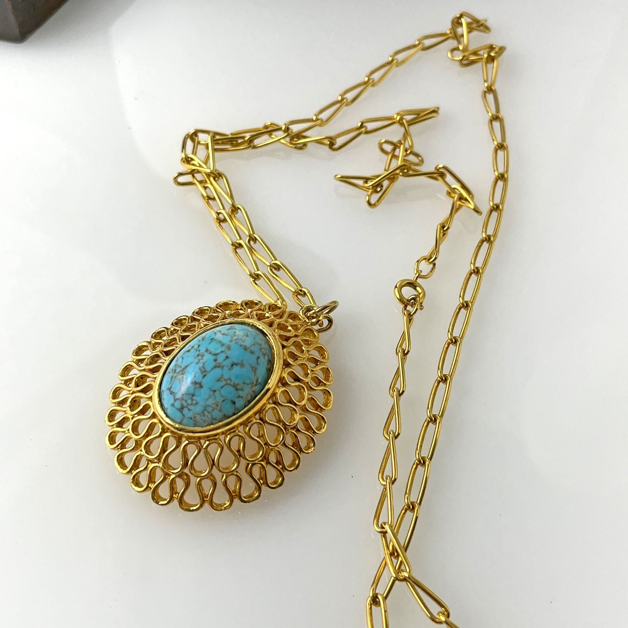 1960s Vintage Faux Turquoise Filigree Pendant Necklace