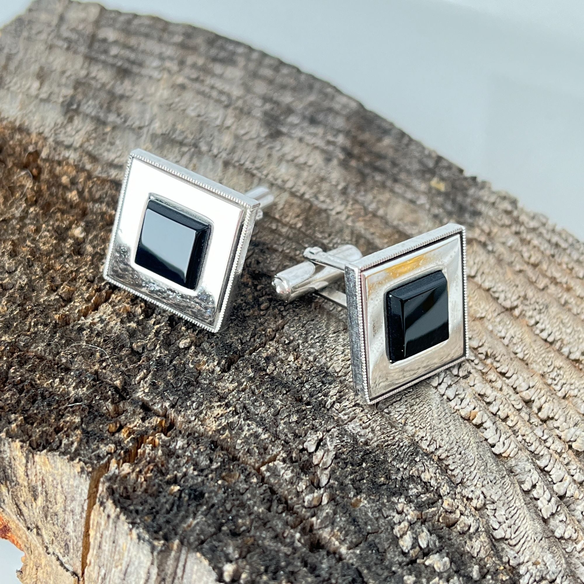 Square Silver Tone Black Glass Vintage Cufflinks 1950s