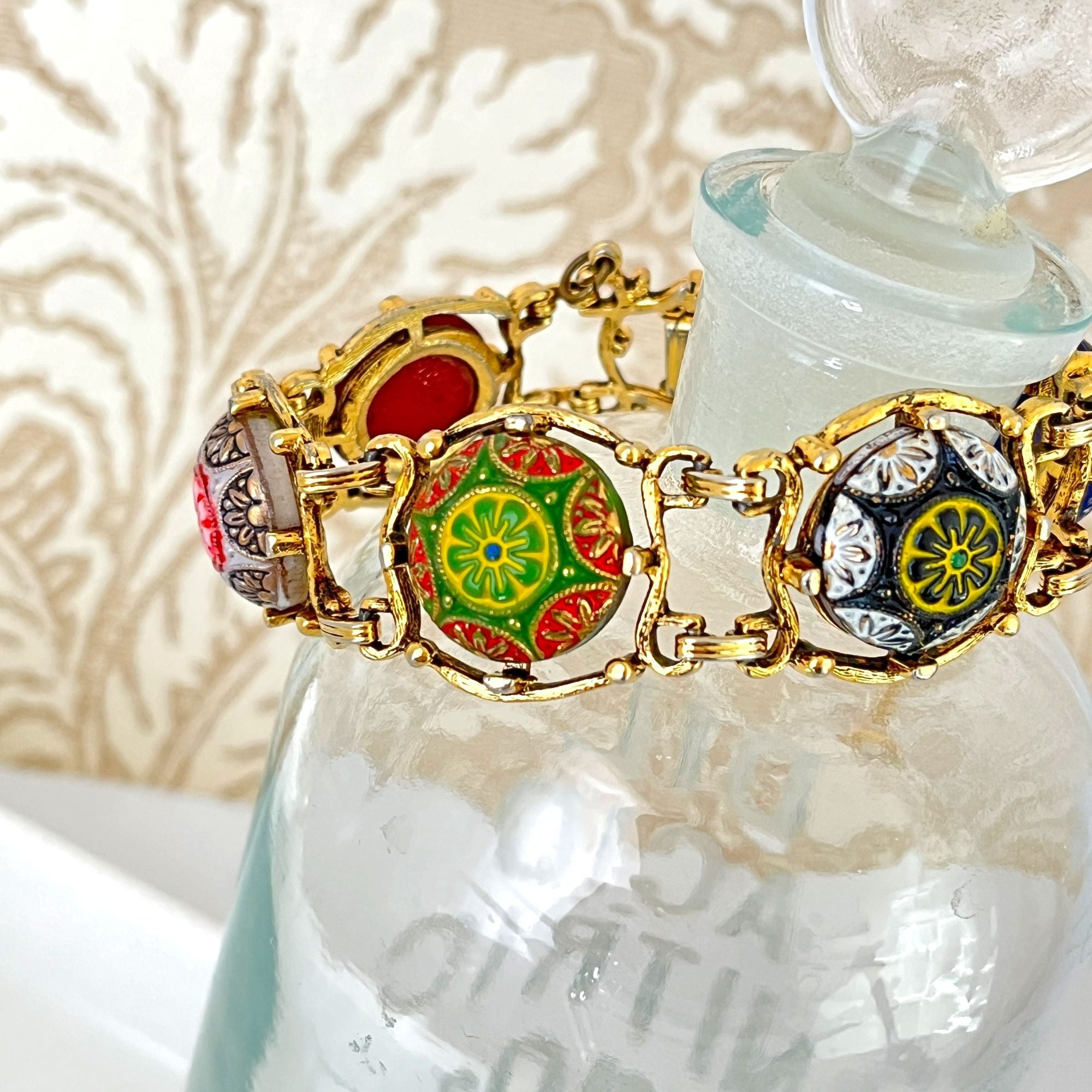 Vintage 1950s Hand Painted Asian Floral Motif Beaded Bracelet Signed Celebrity