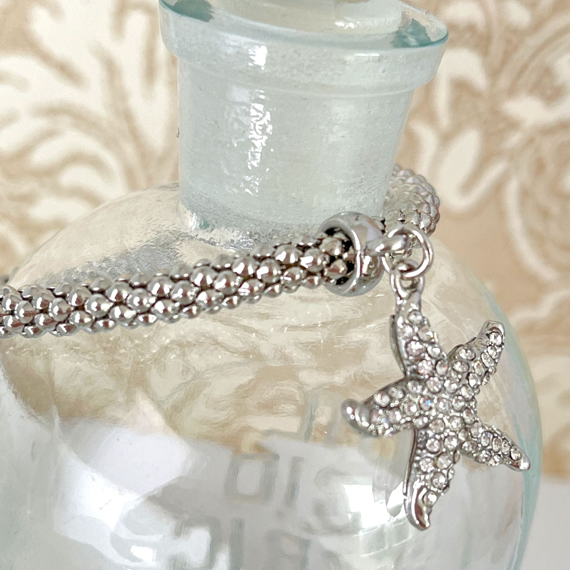 Braided Cable Rhinestone Starfish Silver Tone Bracelet