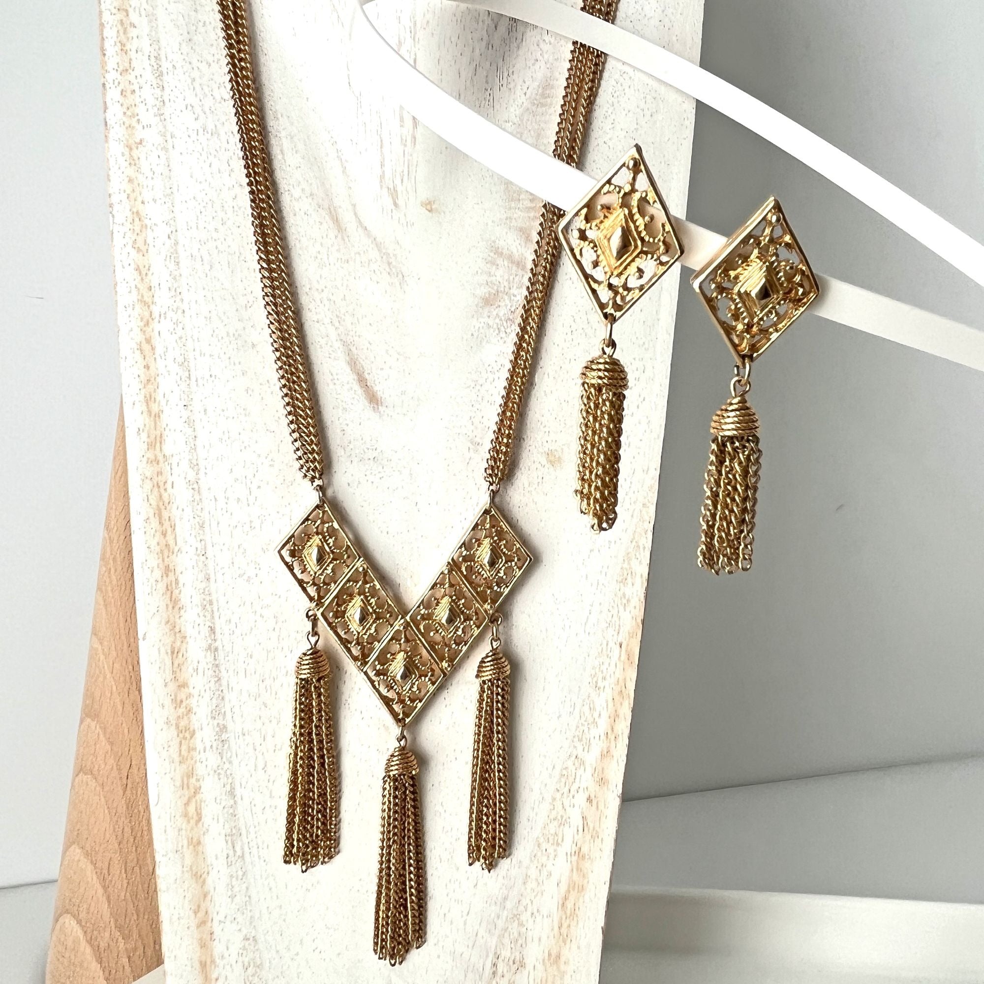 Vintage Gold Tone Tassel Necklace and Earrings Set 1960s Sarah Coventry