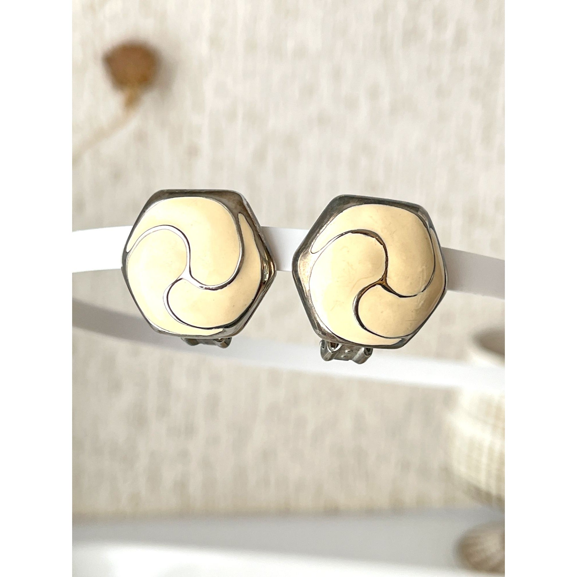 Vintage White Enamel Knot Motif 1960s Clip Earrings