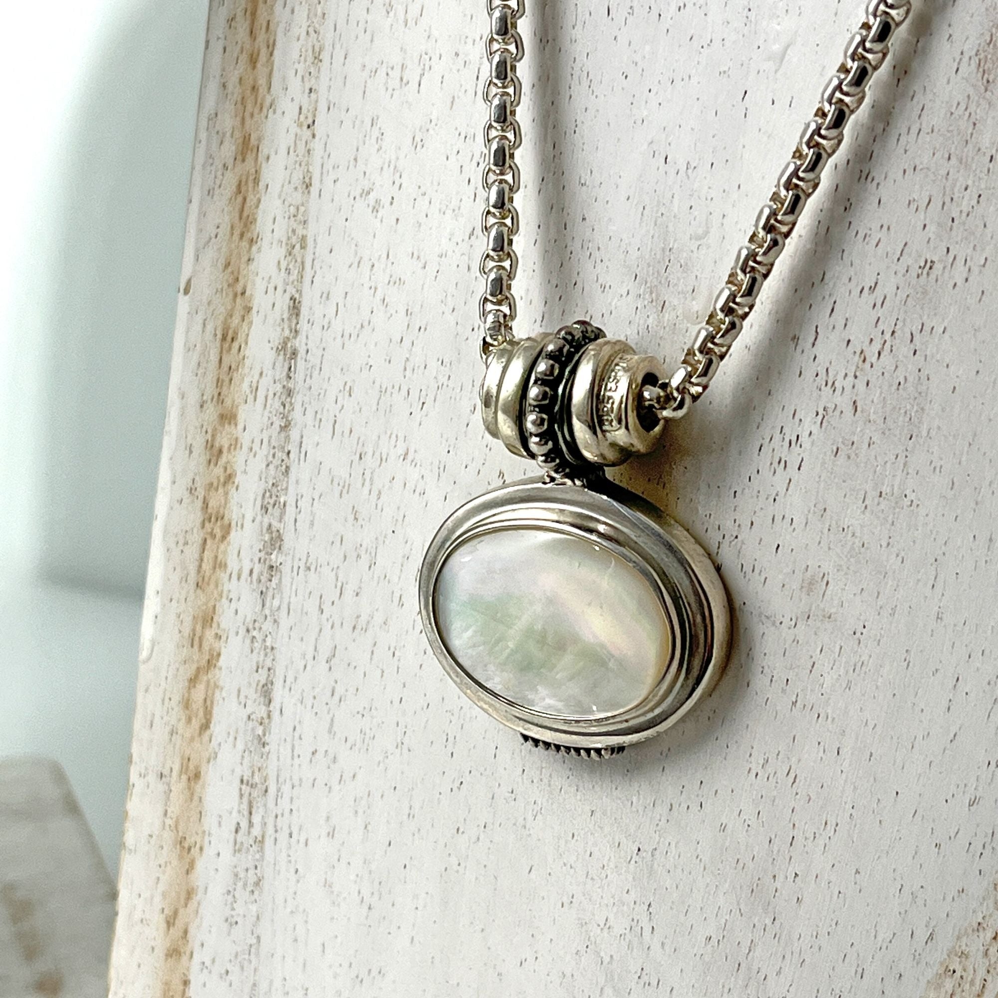 Mother of Pearl Amulet Pendant Silver Plated Necklace