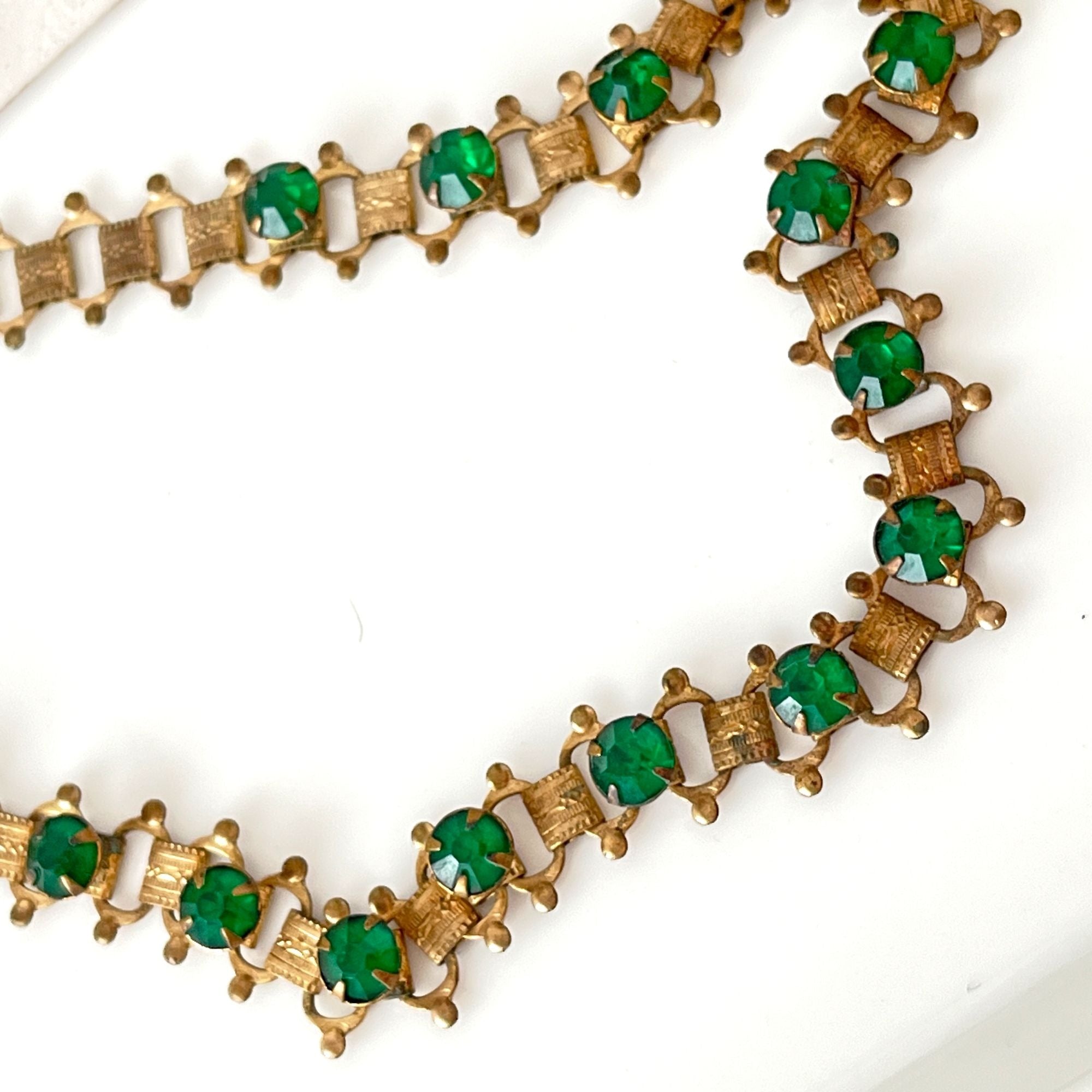 Delicate Antique Gold Victorian Emerald Rhinestone Collar Necklace 1910s