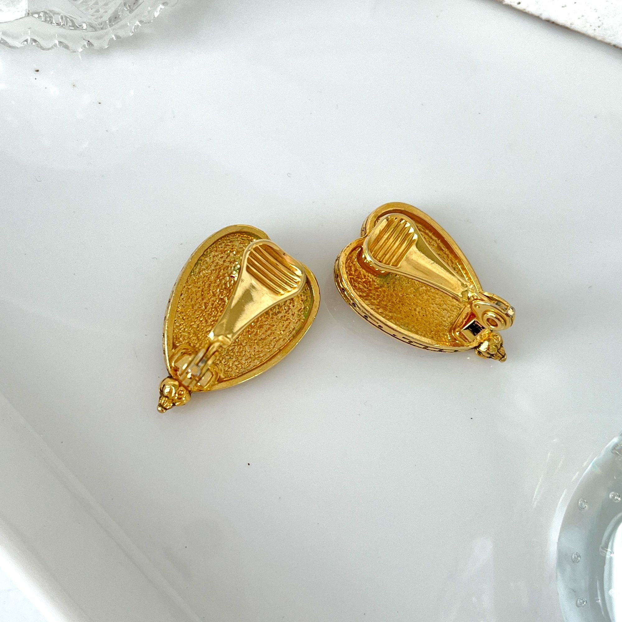 Large Vintage Ornate Gold Tone Heart Earrings Victorian Revival