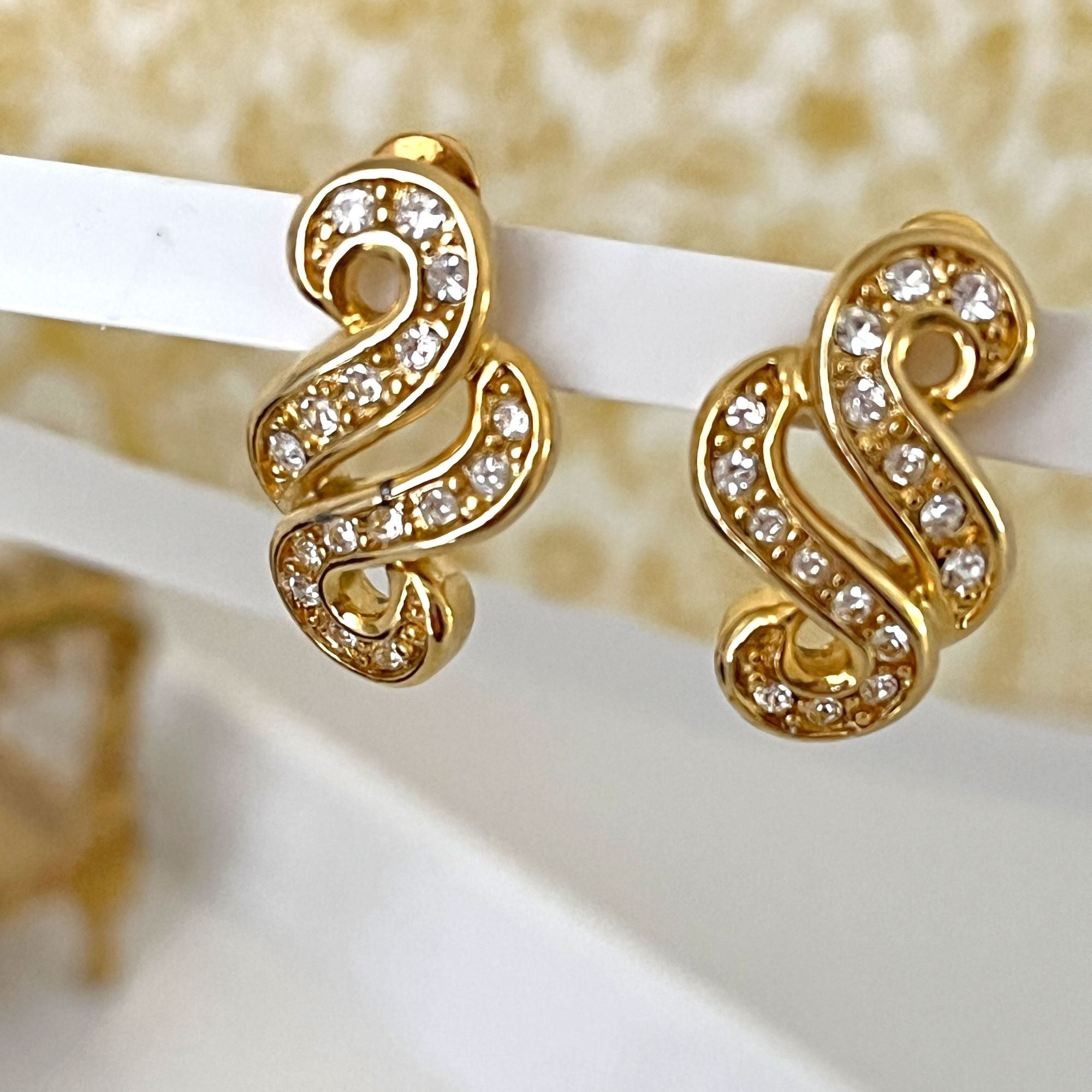 Vintage Gold and Rhinestone Swirly Earrings 1970s