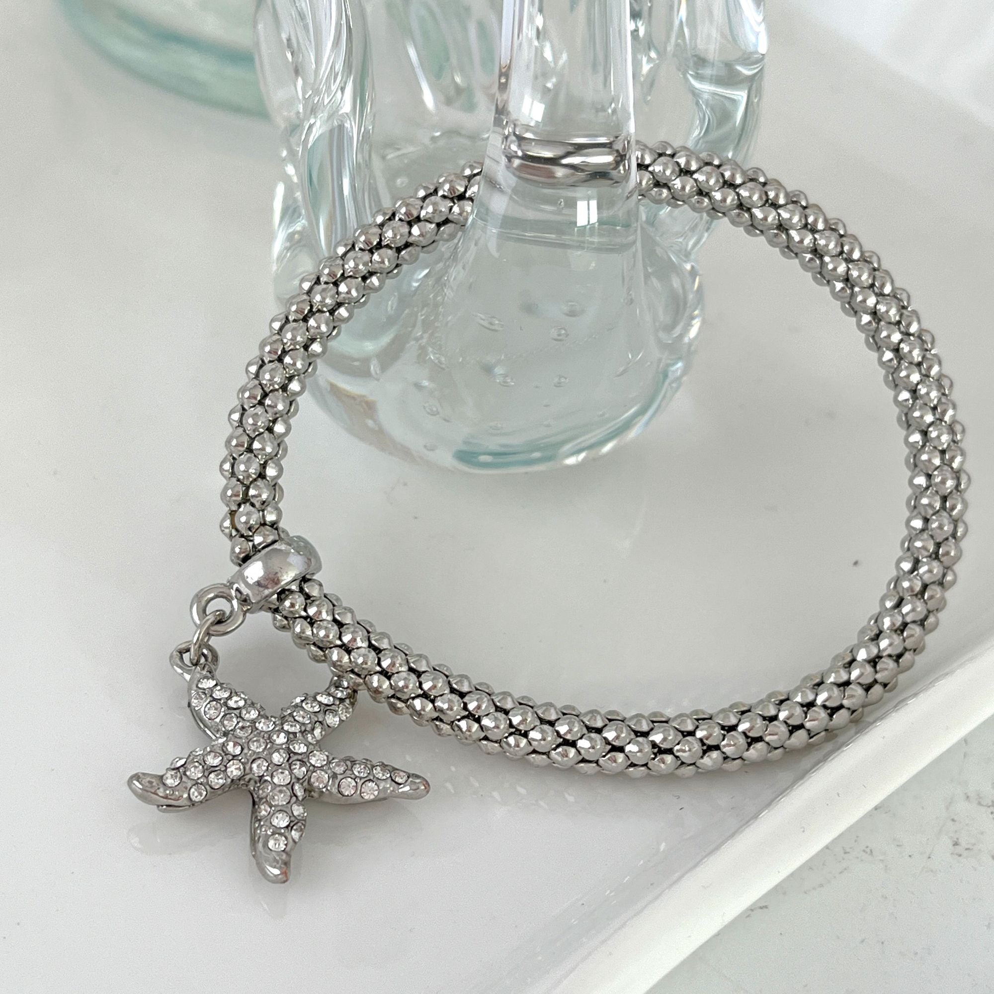 Braided Cable Rhinestone Starfish Silver Tone Bracelet