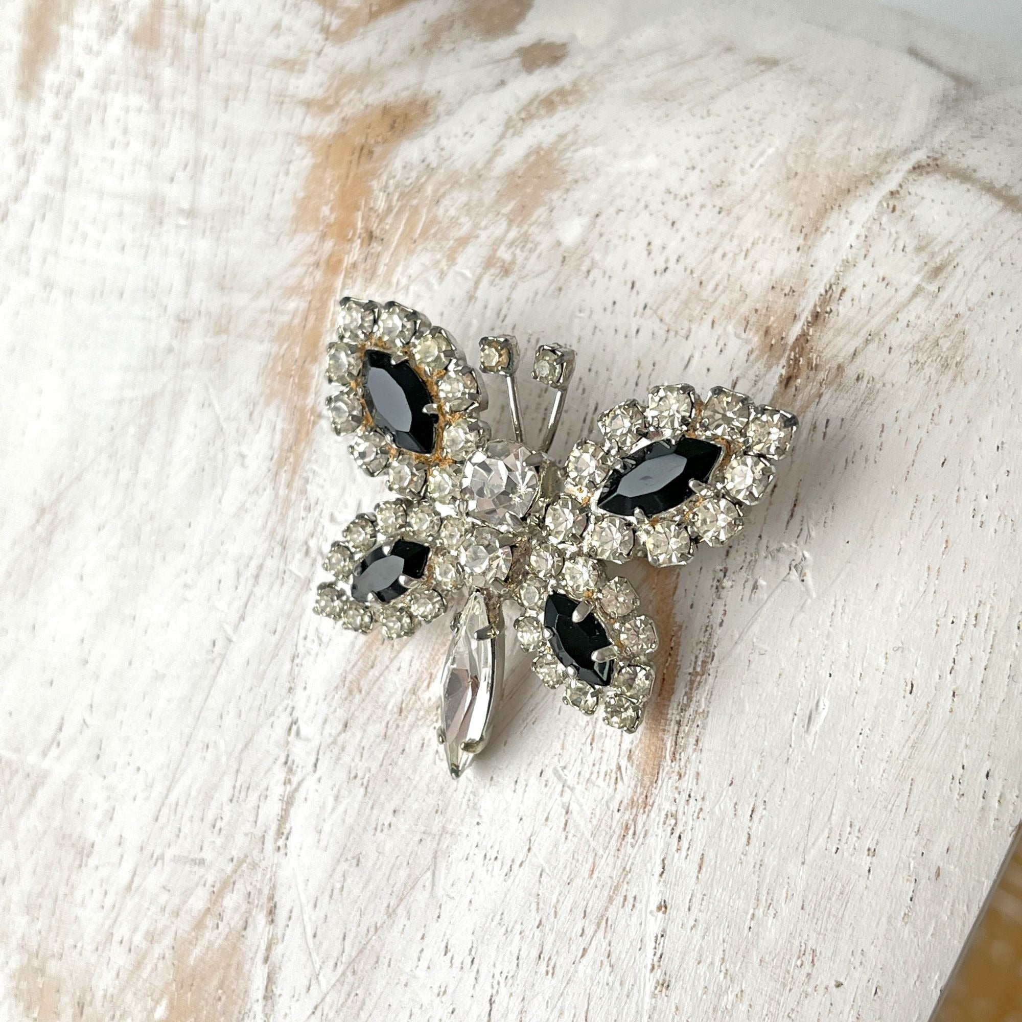 Vintage Black Glass Silver Tone Rhinestone Butterfly Brooch Pin 1940s 1950s