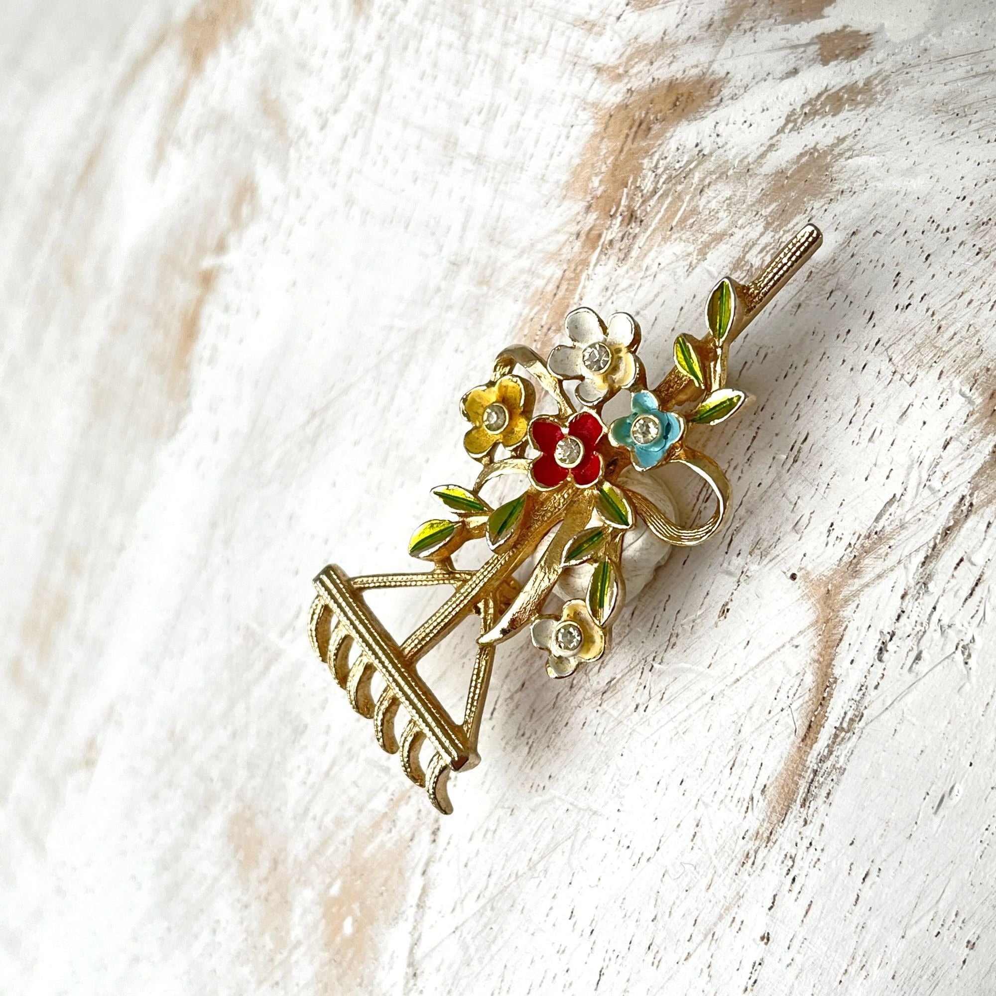 Adorable Vintage Floral Rake Gardening Brooch Pin 1940s