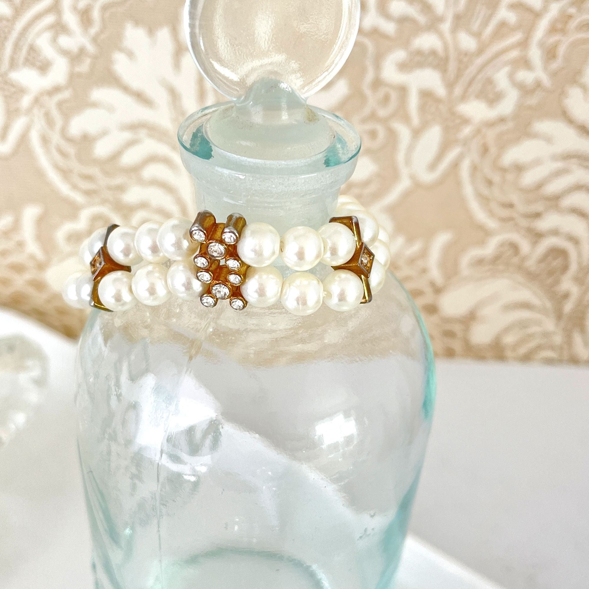 Pretty Vintage Faux Pearl Rhinestone Bracelet Double