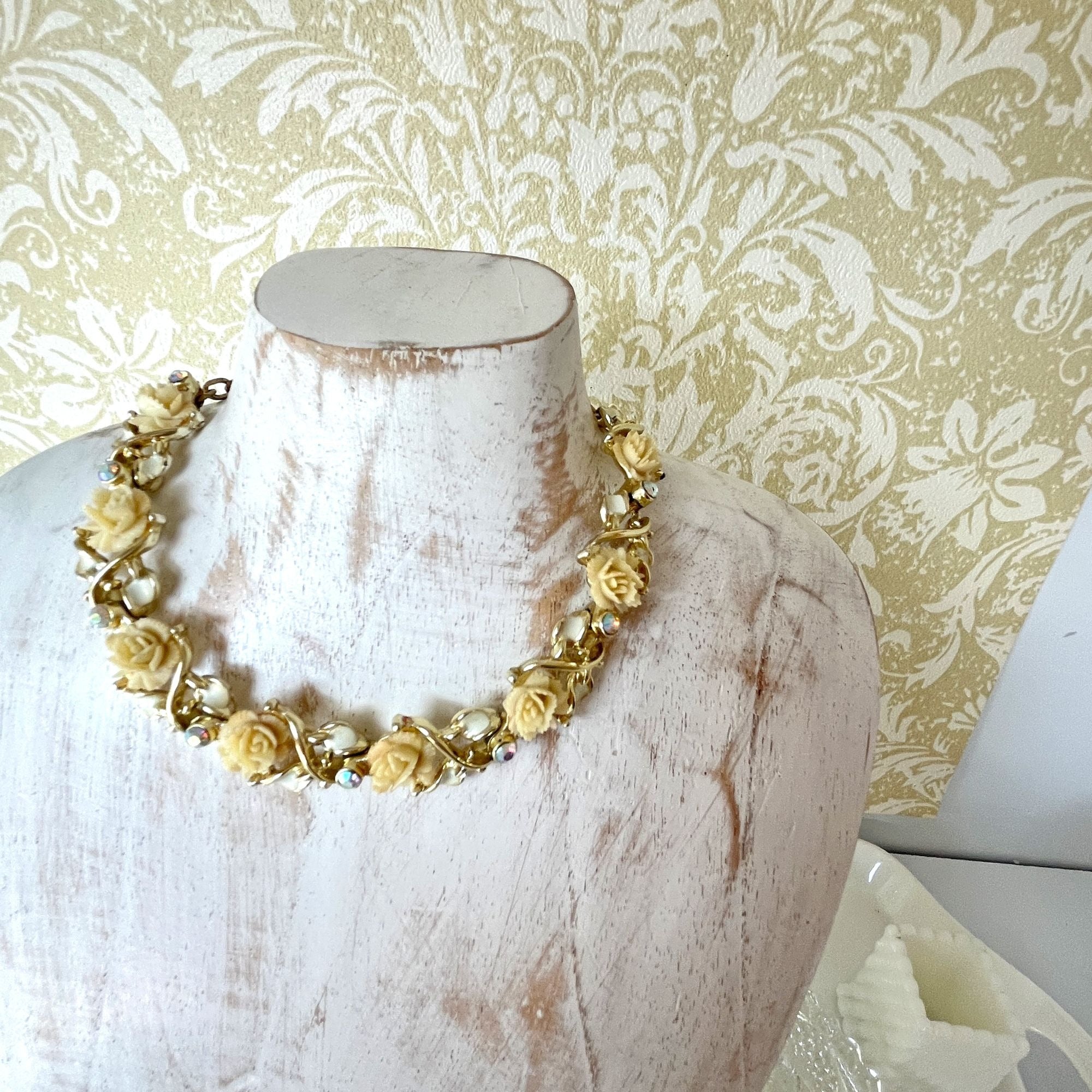 Vintage Faux Ivory Rose Collar Choker Necklace Wedding 1950s