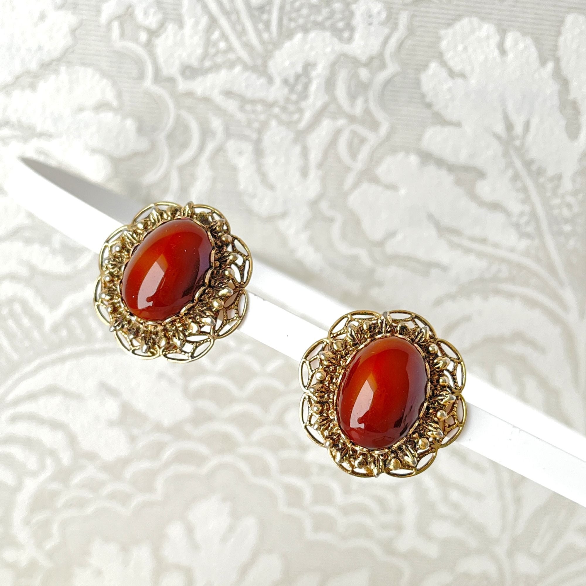 Vintage FilIgree Gold Tone Rust Glass Earrings 1940s