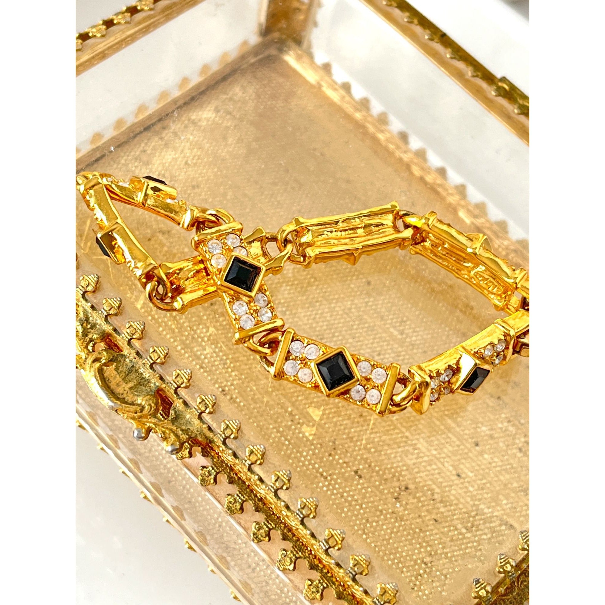 Vintage 1980s 1990s Napier Bracelet Gold Tone, Black and Rhinestones