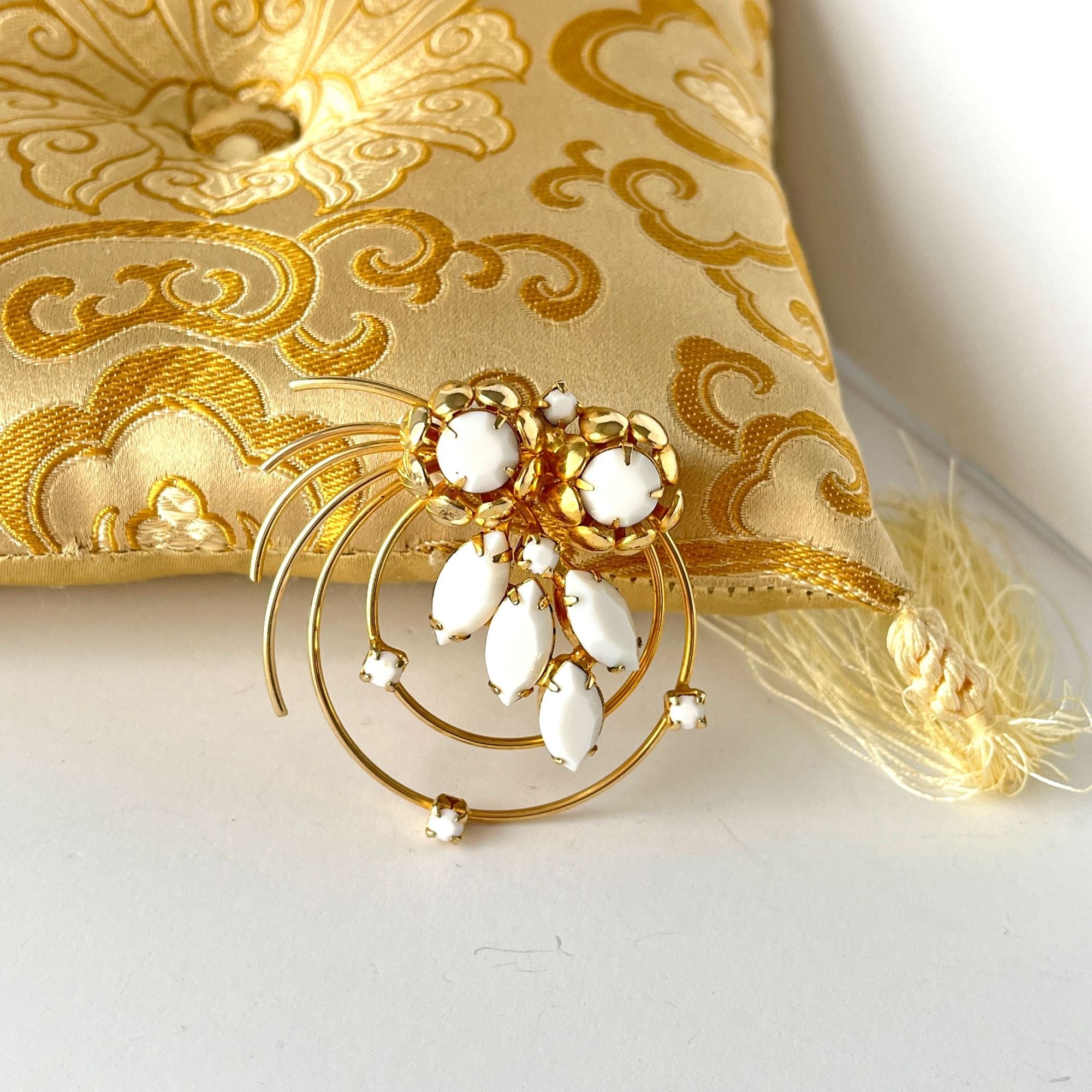 Vintage Gold Tone and Milk Glass Floral Spray Abstract Brooch Pin