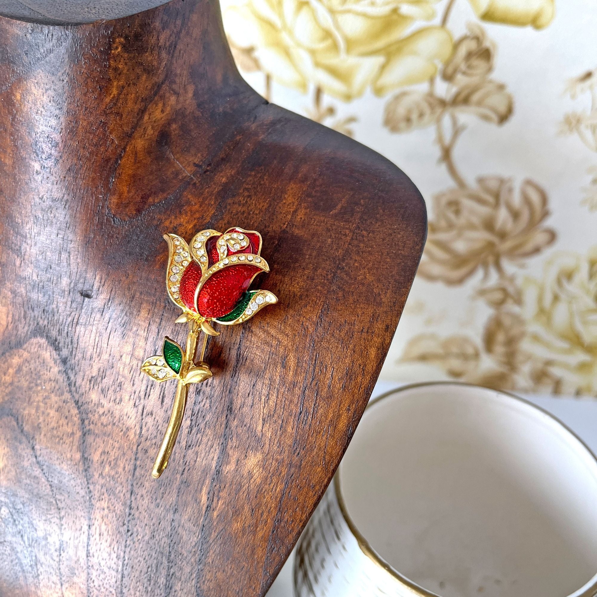 Vintage 1980s Red Stem Rose Brooch Pin