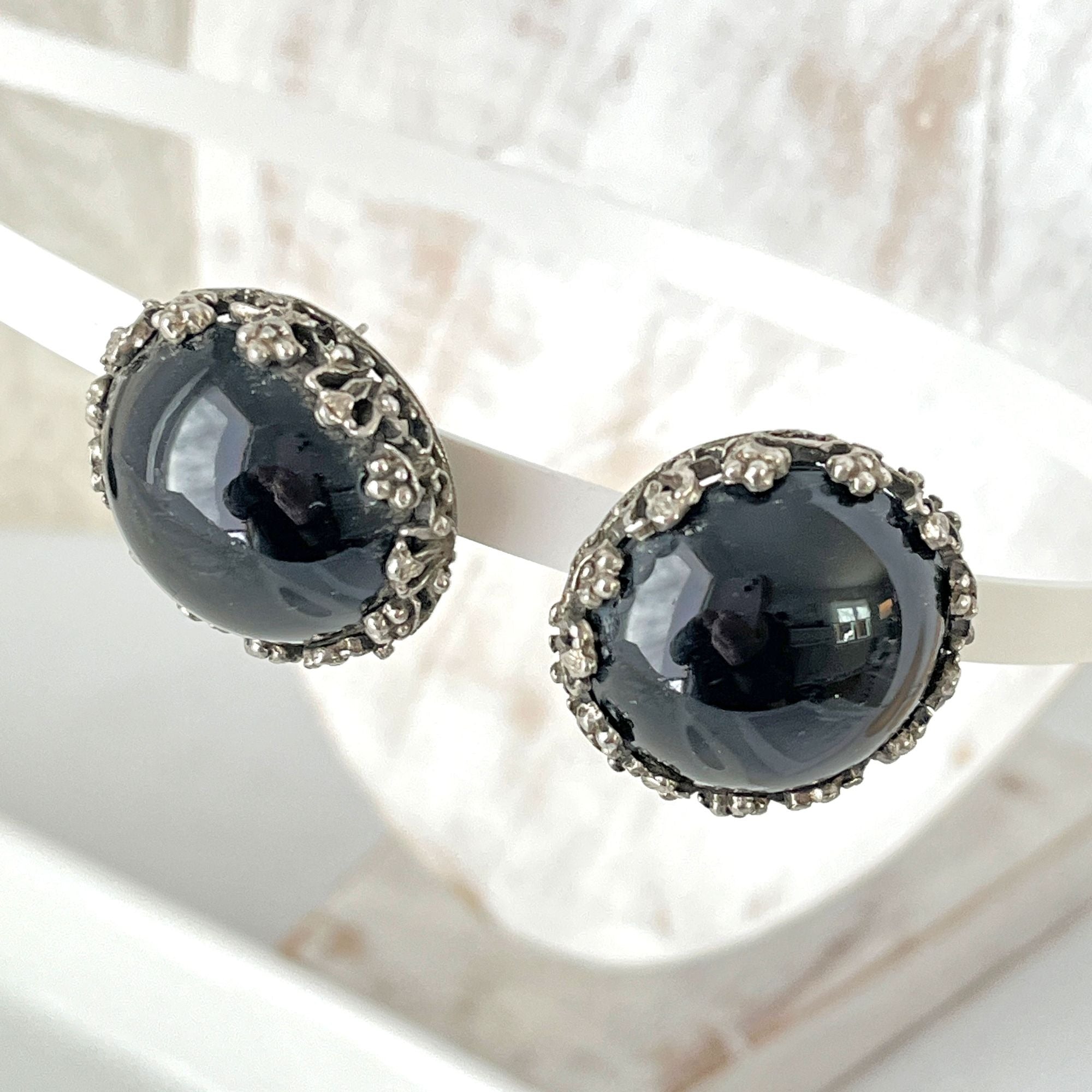 Large Vintage Kramer of NY Black Cabochon Pierced Earrings