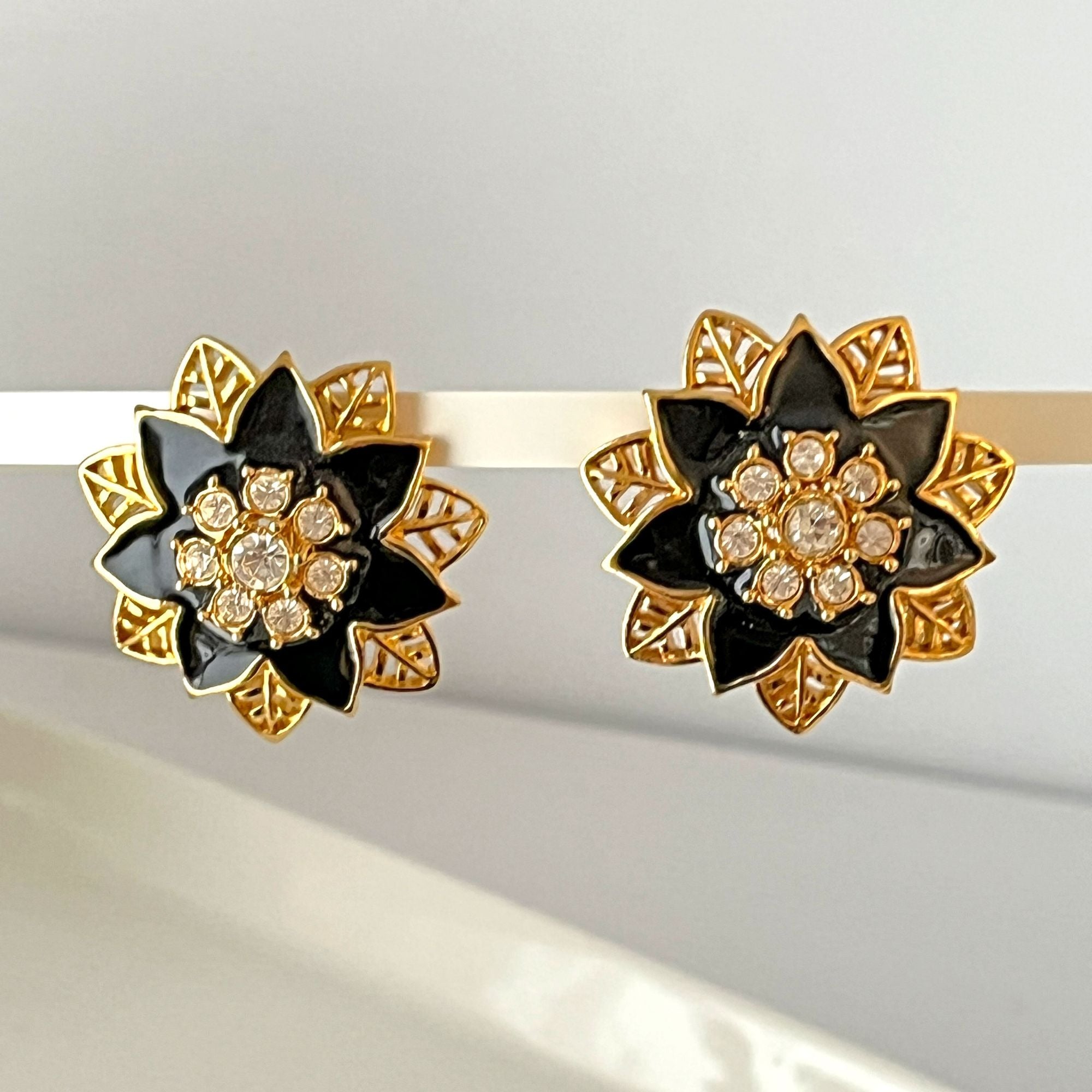 Large Gold Filigree and Black Enamel Floral Avon Earrings Clip