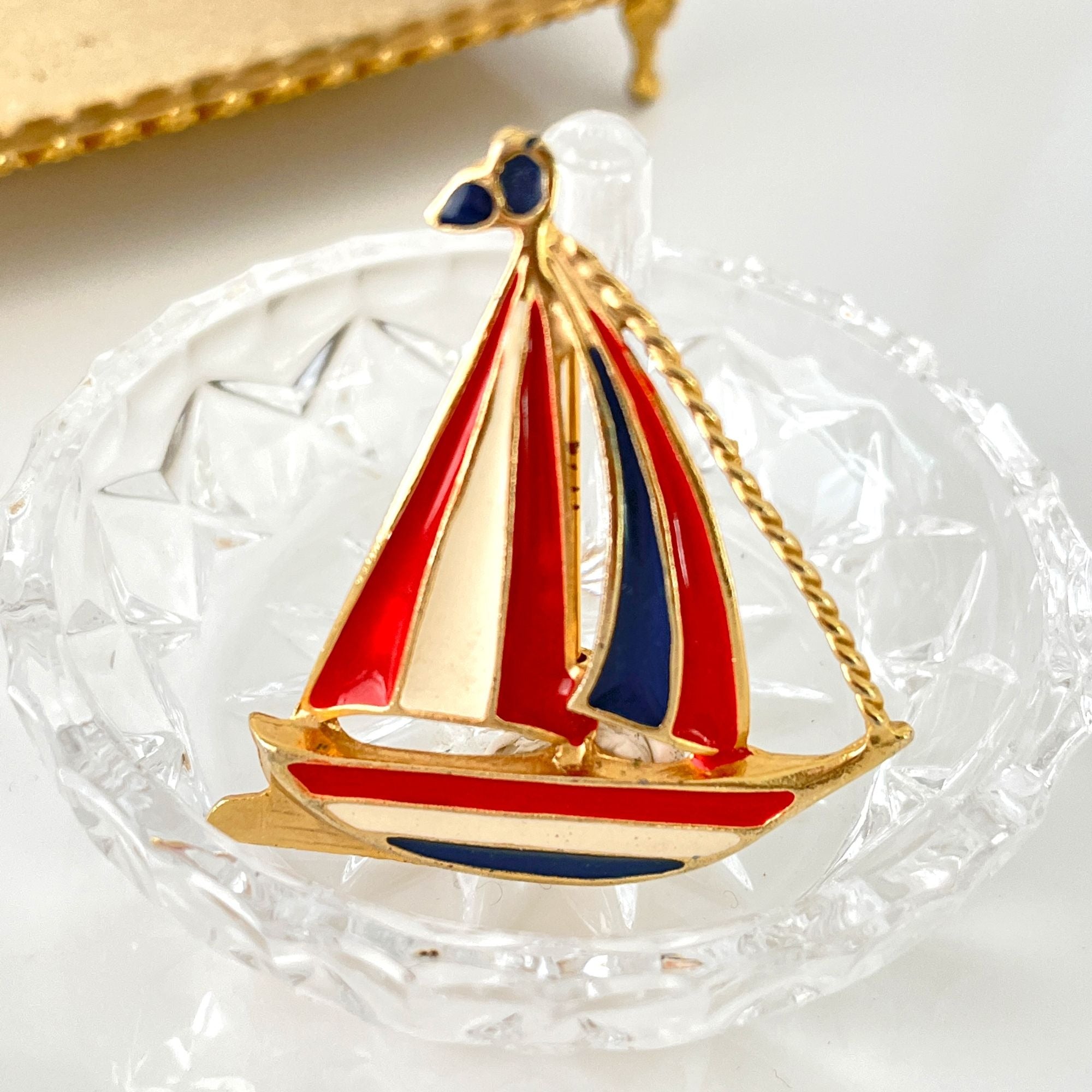 Vintage Red White Blue Sailboat Ship Nautical Enamel Brooch Pin 1950s