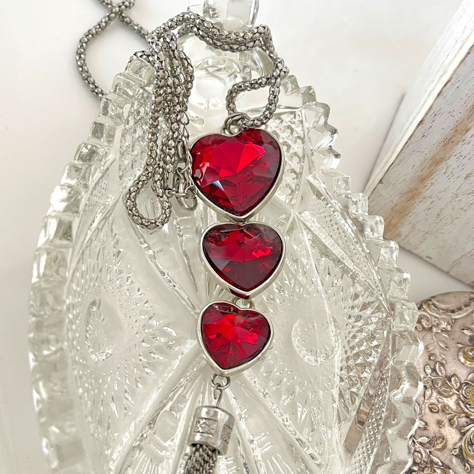 Wow Three Large Red Crystal Heart Necklace