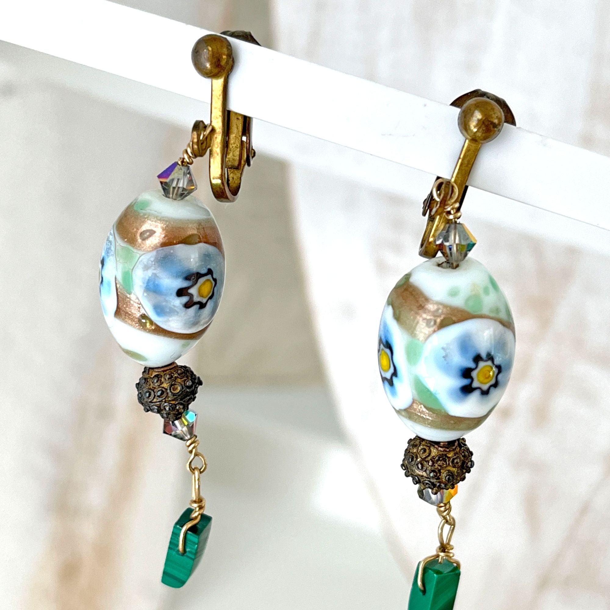 Vintage Art Glass Bead Earrings Blue Green Floral Gold Tone