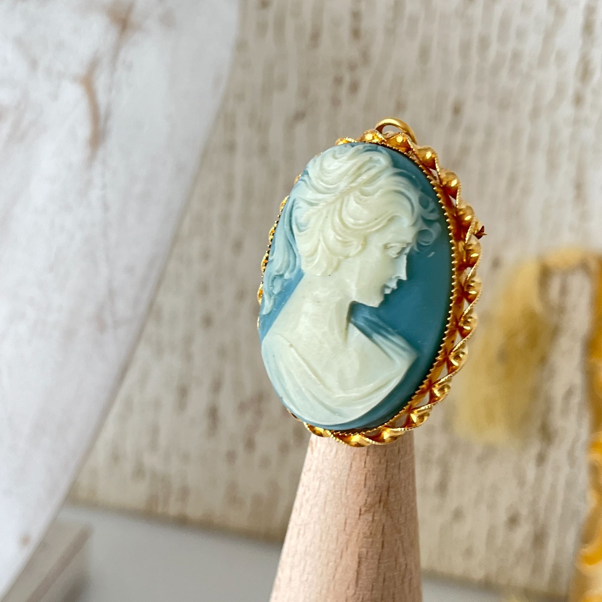 Blue Vintage Cameo Brooch Pin Pendant Necklace