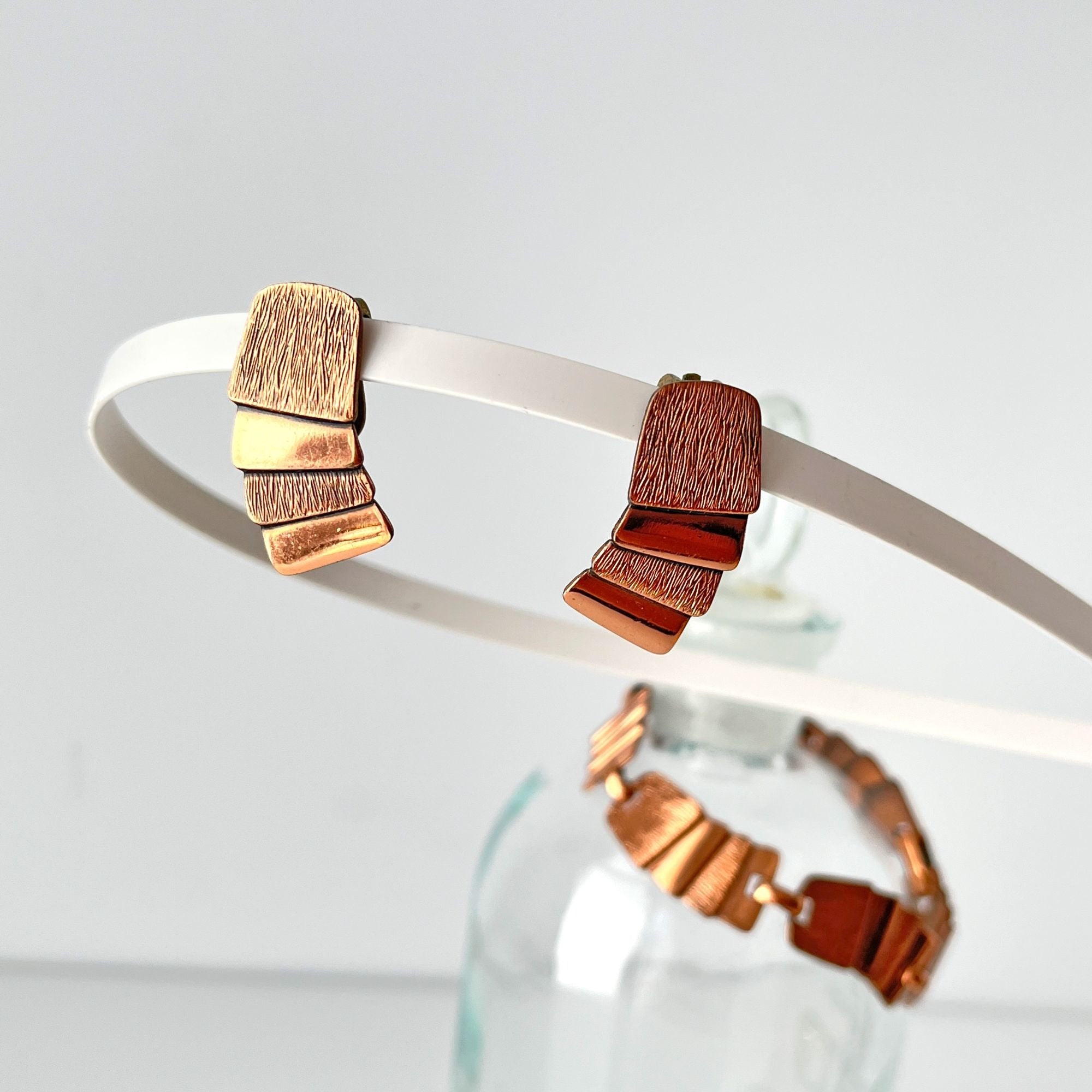 Wow Vintage Copper Modernist 1940s Bracelet Earrings Set