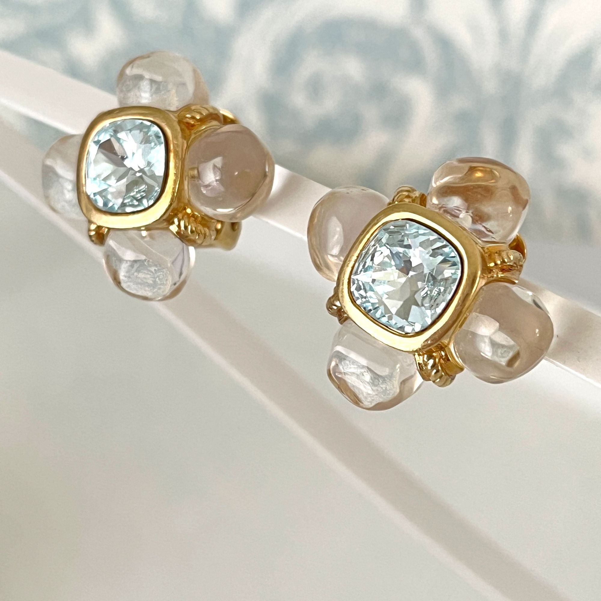 Unusual Glass Nugget and Topaz Colored Rhinestone Clip Earrings