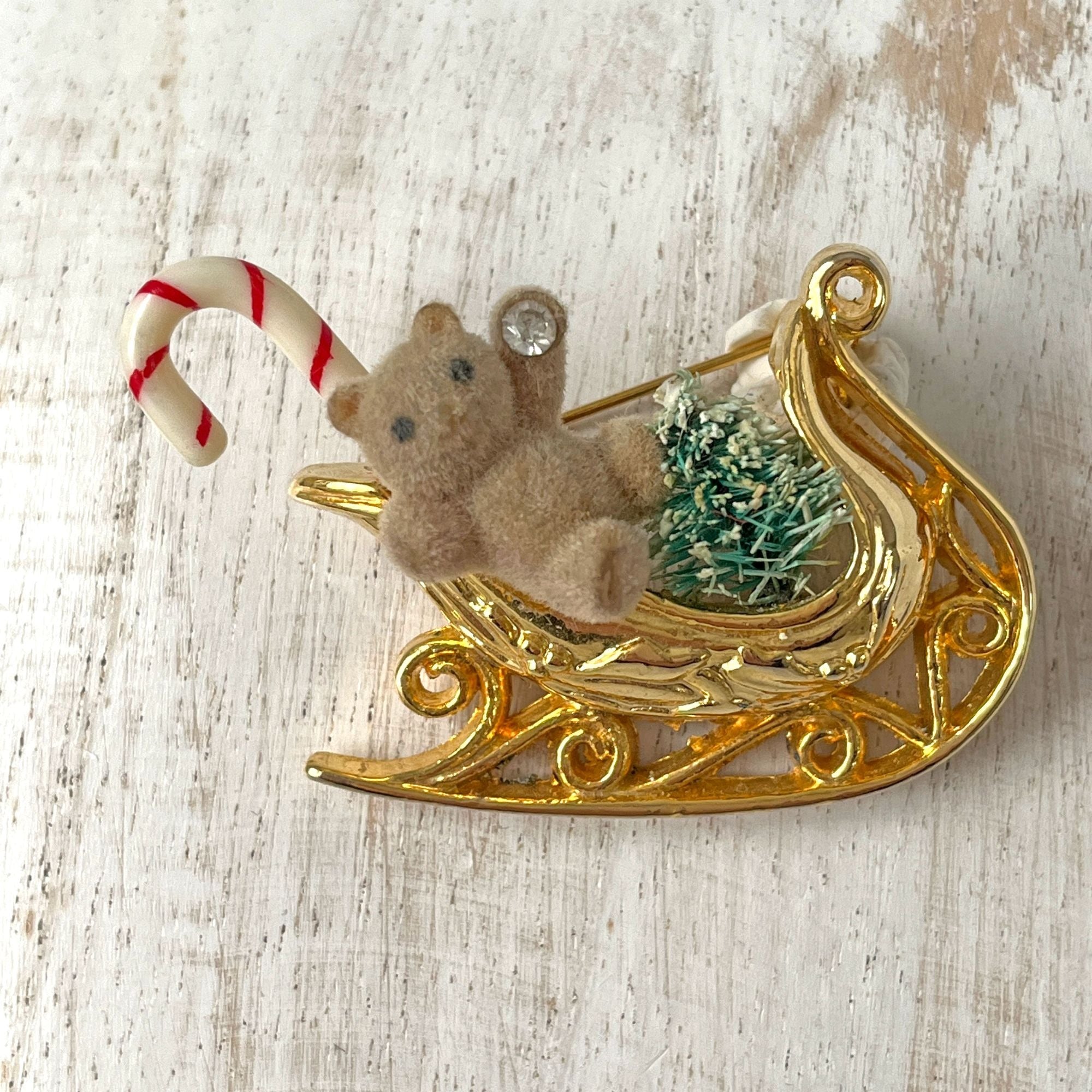 Vintage Fuzzy Teddy Bear Gold Sleigh Christmas Brooch Pin