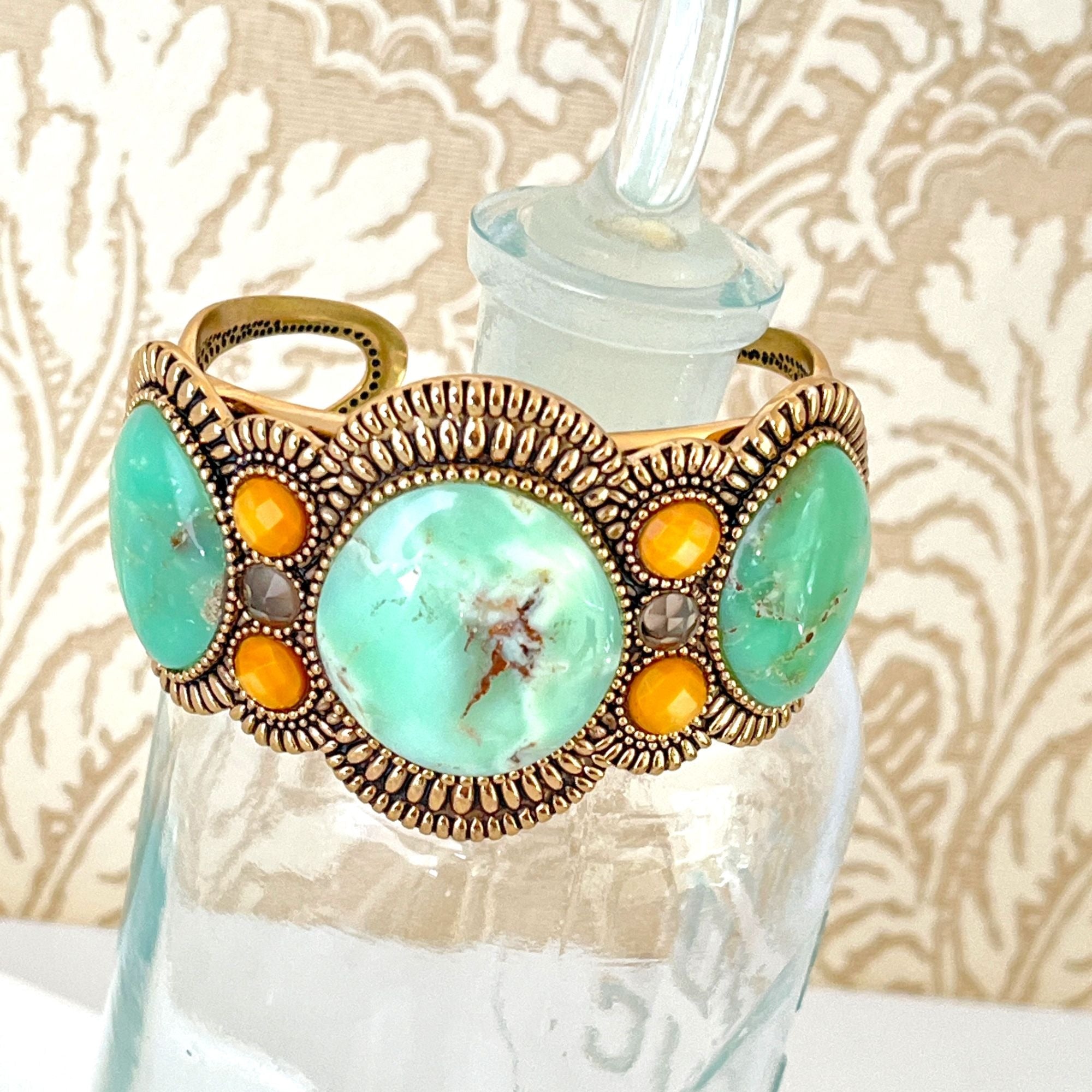 Stunning Barse Thailand Bronze Turquoise Cuff Statement Bracelet