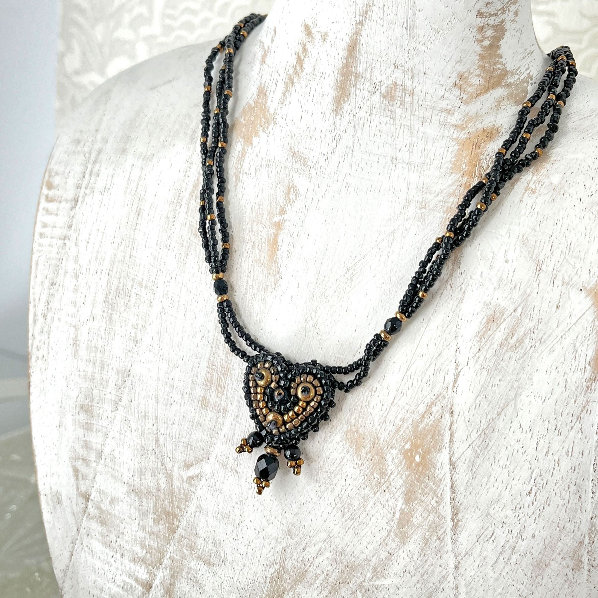 Vintage Victorian Style Black and Gold Hand Beaded Heart Necklace