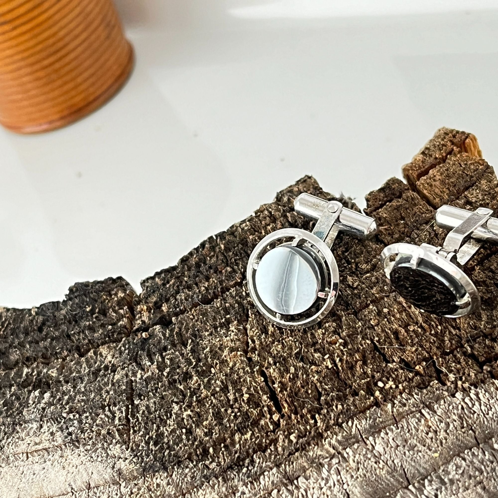 Vintage Gray Mirrored Stone Hematite Cufflinks Destino 60s-70s