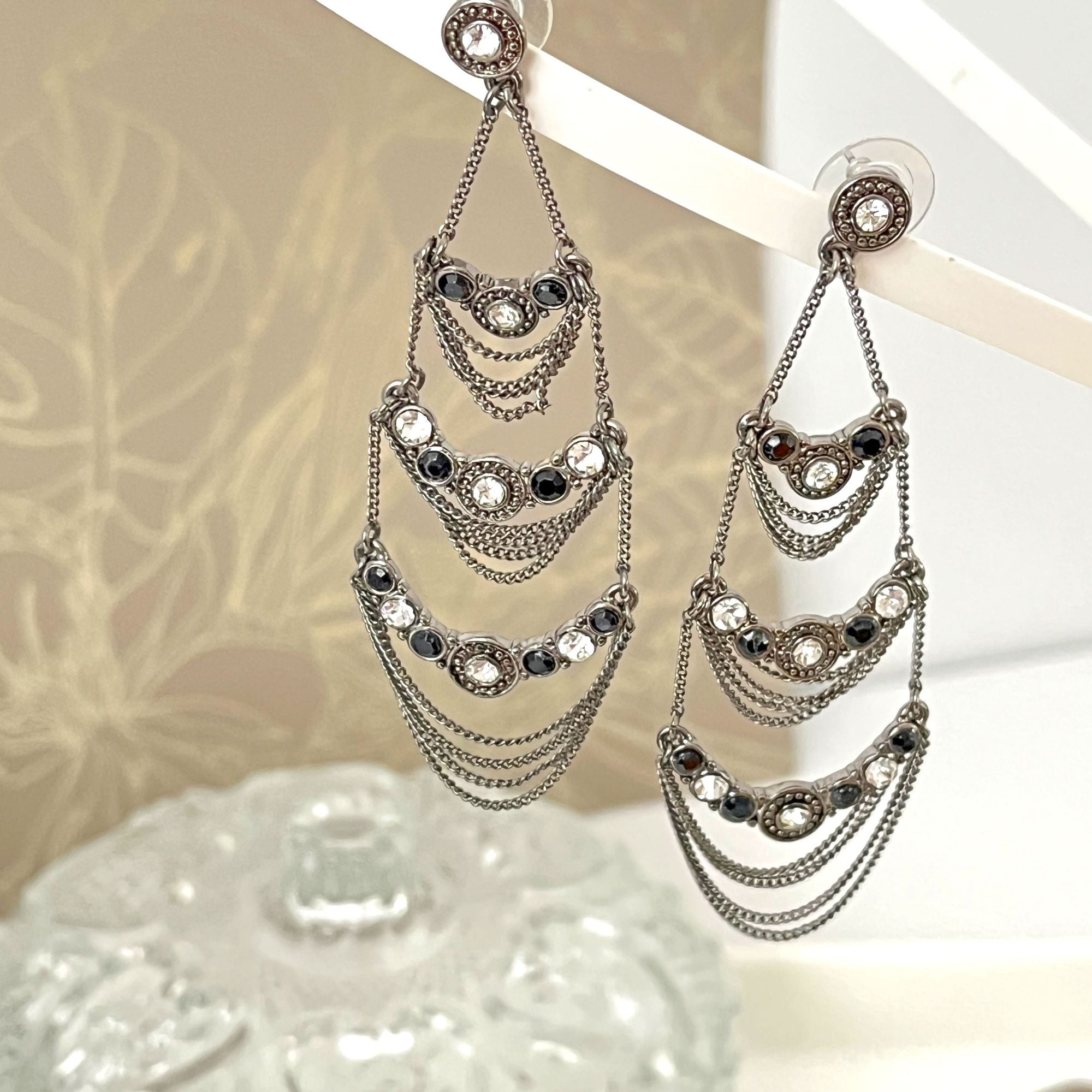 Pierced Black Boho Chain Chandelier Earrings with Rhinestones