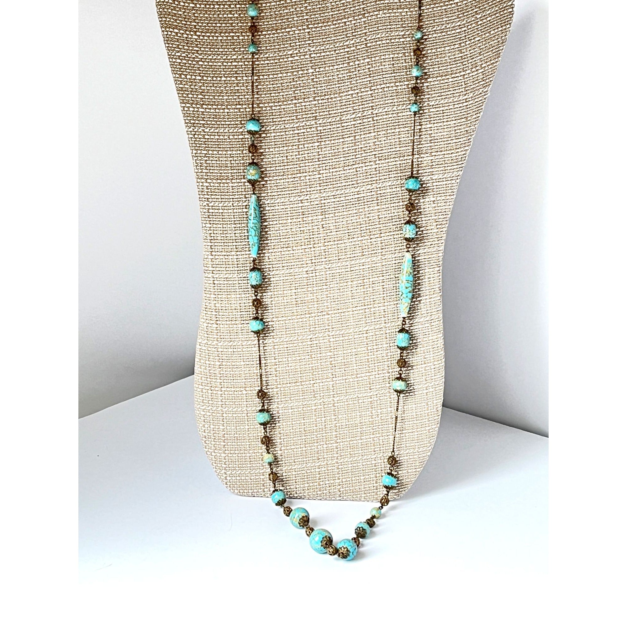 Vintage Antique Aqua Gold Flecked Glass Bead Flapper Necklace 1920s