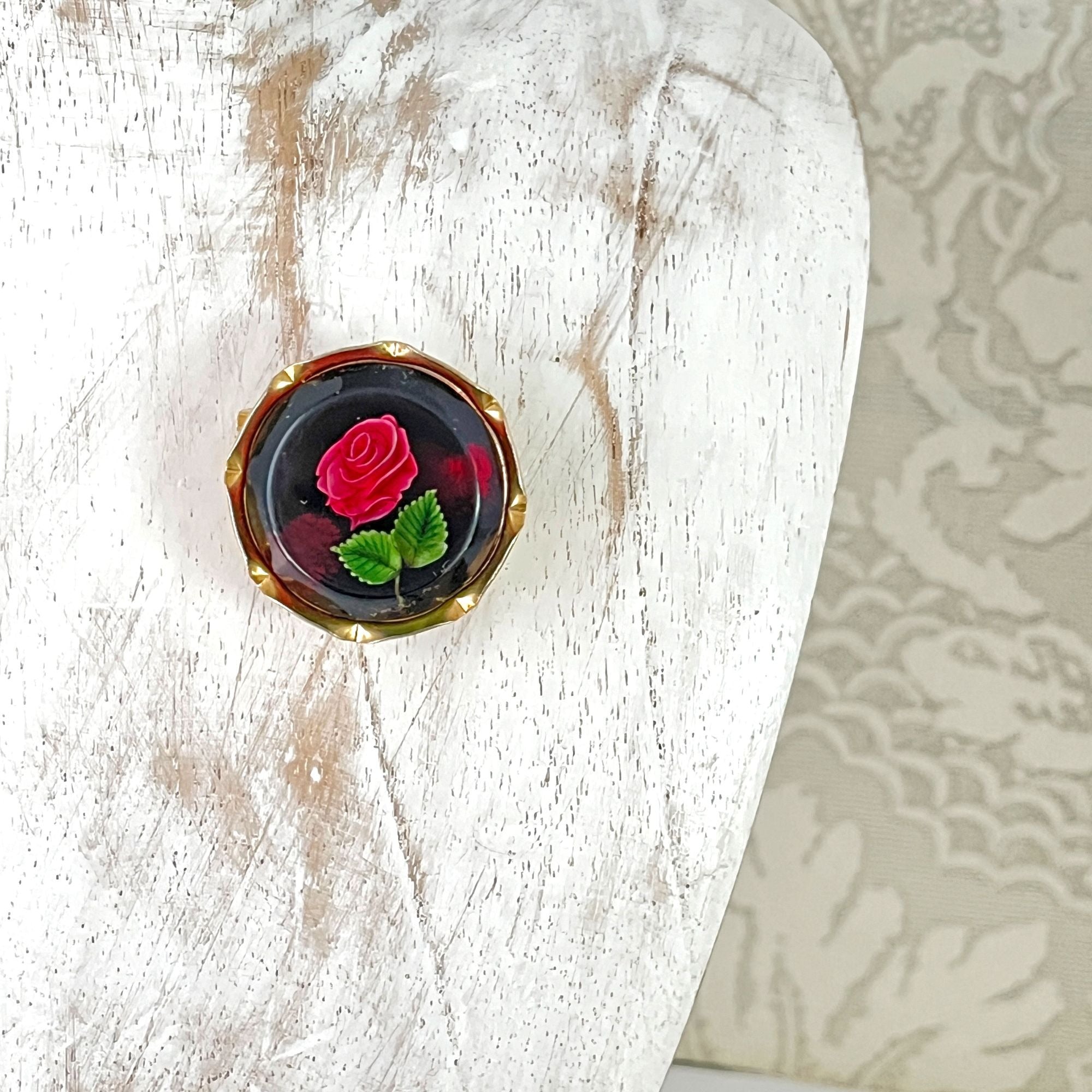 Vintage Reverse Carved Hand Painted Rose Glass Brooch Pin