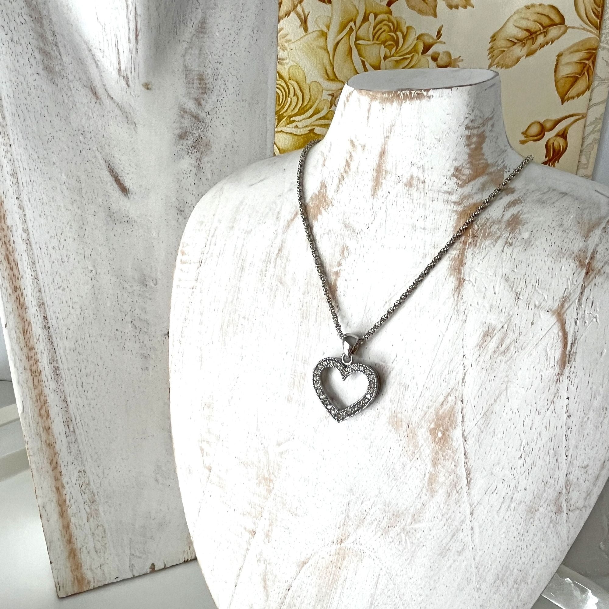 Vintage Silver Tone Open Heart Rhinestone Necklace