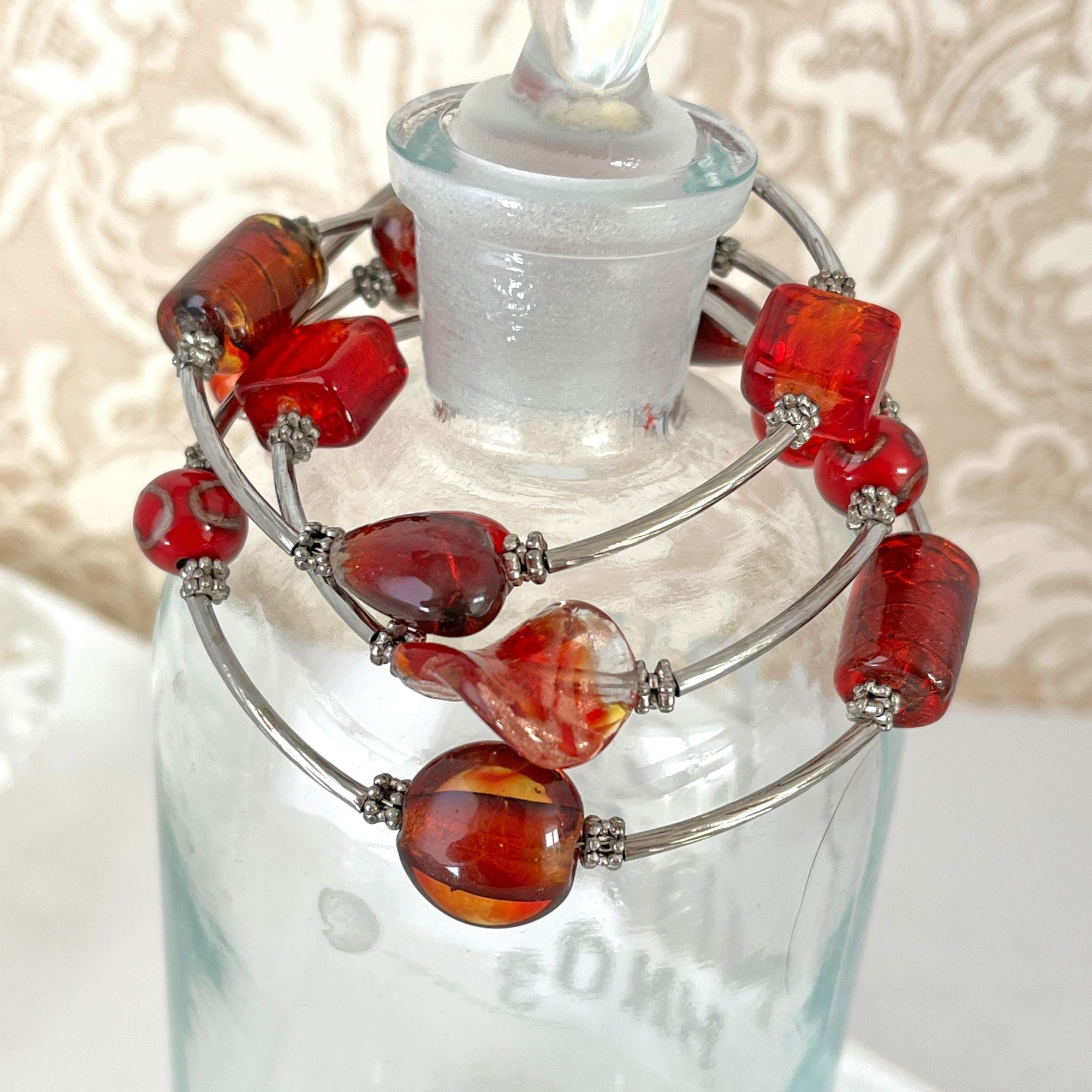 Pretty Red Glass Heart Bead Wrap Bracelet