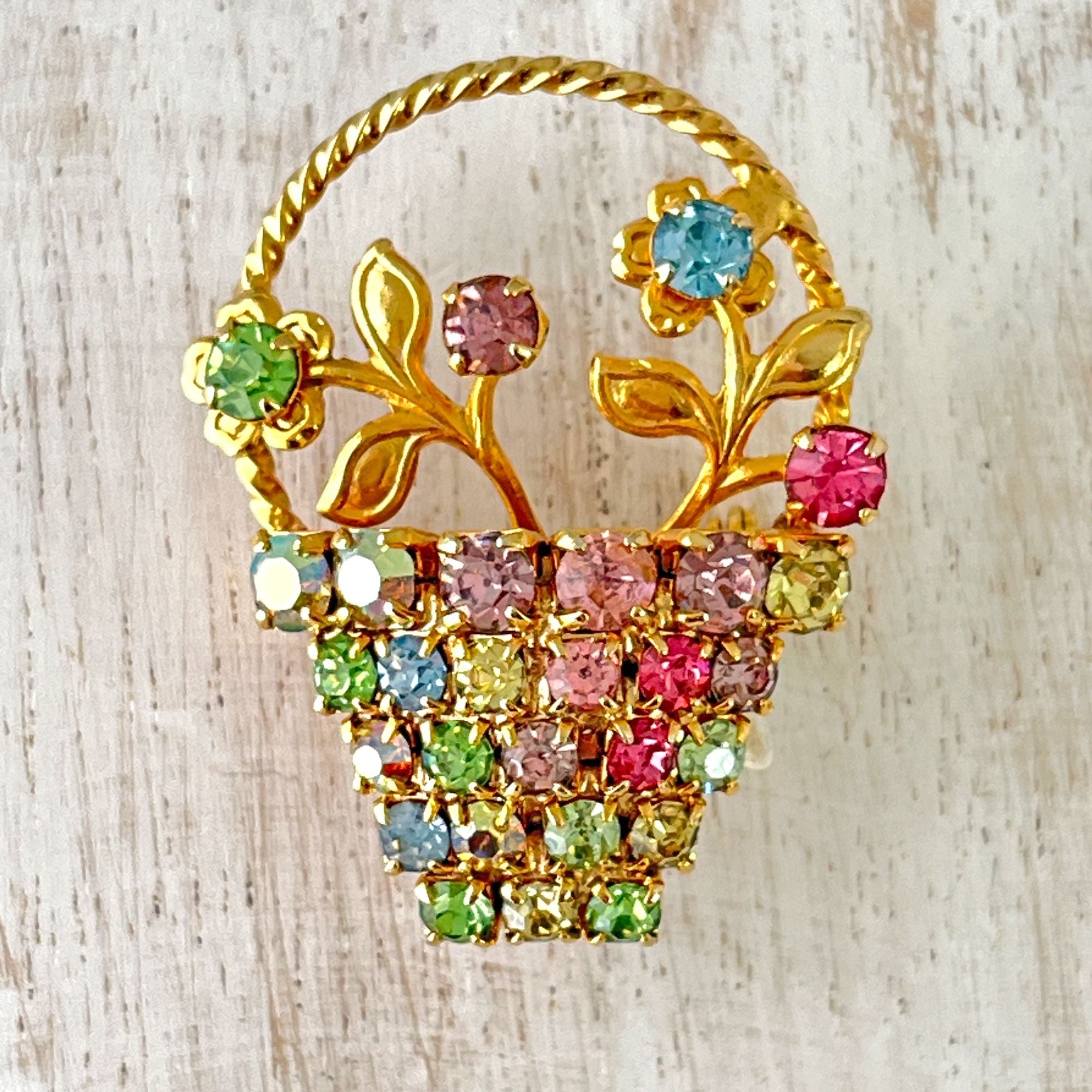 Sweet Vintage Spring Basket Floral Rhinestone Brooch Pin 1950s