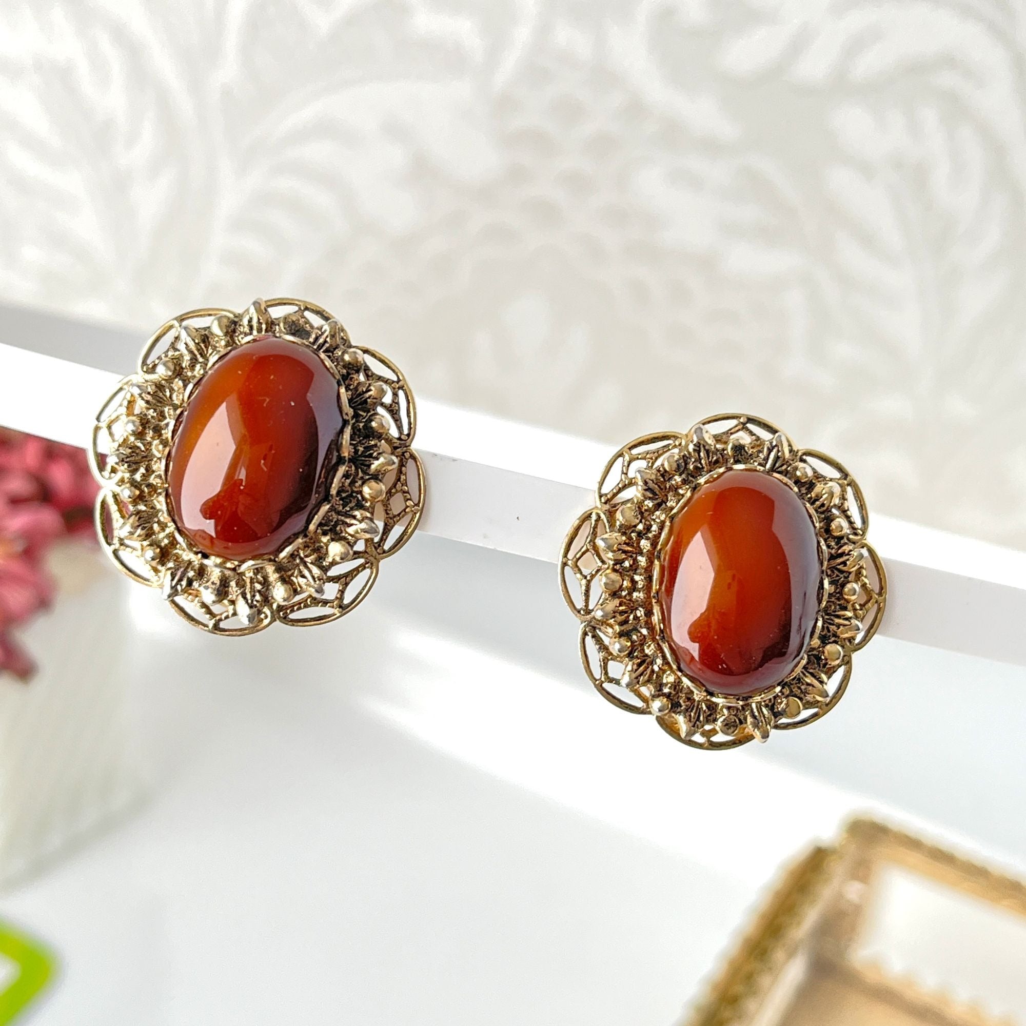 Vintage FilIgree Gold Tone Rust Glass Earrings 1940s