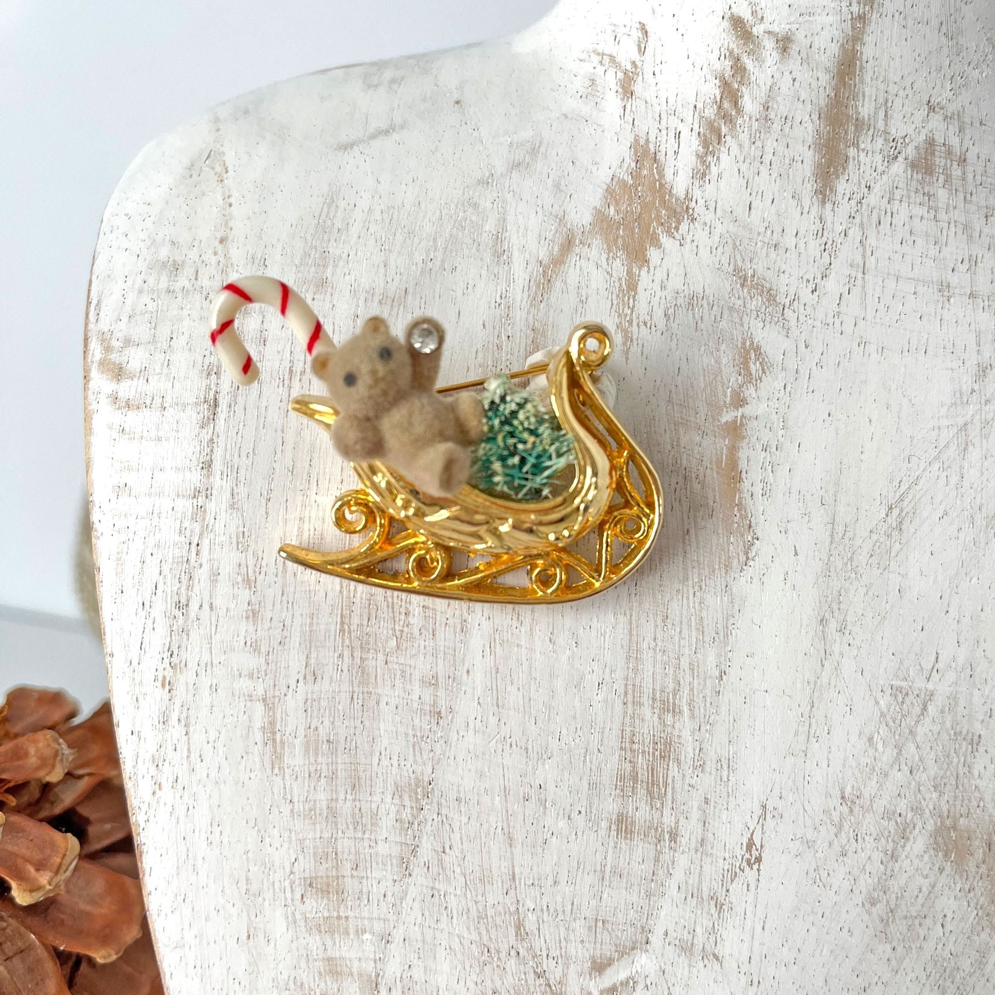 Vintage Fuzzy Teddy Bear Gold Sleigh Christmas Brooch Pin