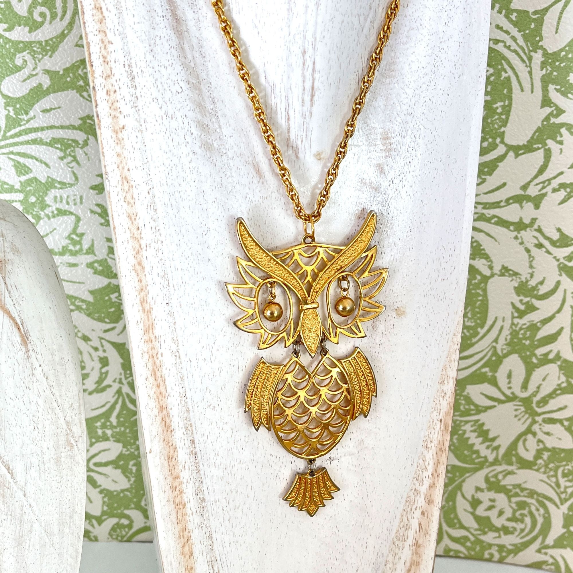 Large 1960s Vintage Owl Bird Statement Gold Tone Necklace