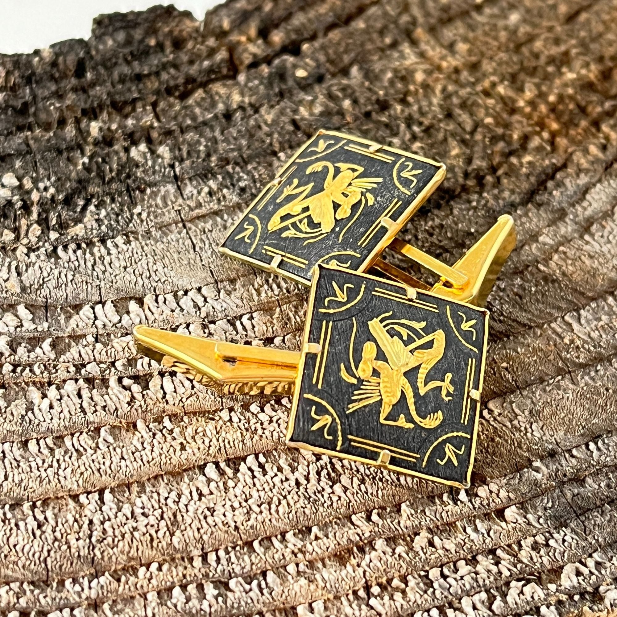 Vintage Asian Damascene Cufflinks Lucky Grasshopper Gryphon Gold Black Square 1950s