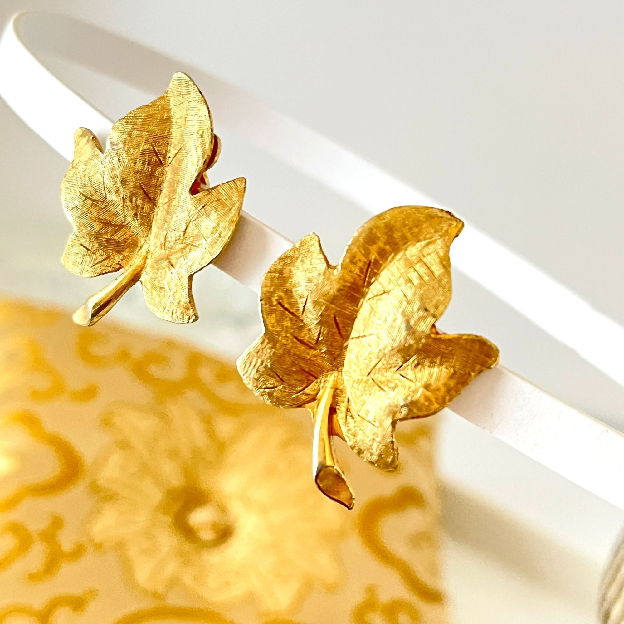 Vintage Textured Gold Tone Clip On Leaf Earrings Signed Charel