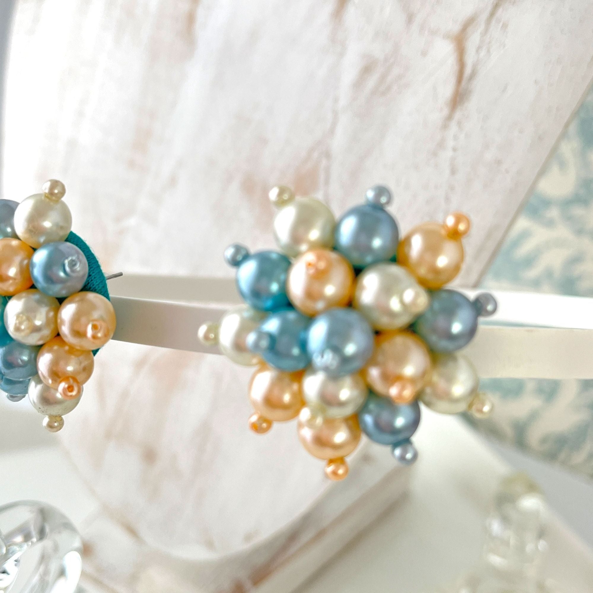 Vintage Blue Cream Pearl Cluster Starburst Earrings