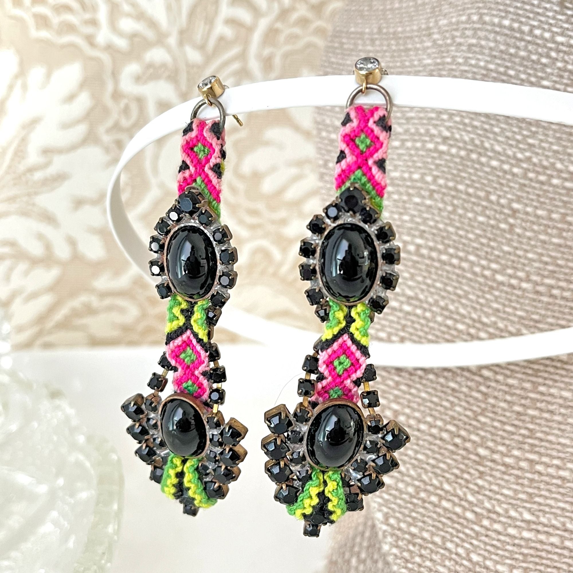 Vintage Signed Native American Weaving Rhinestone Earrings Black Pink Green